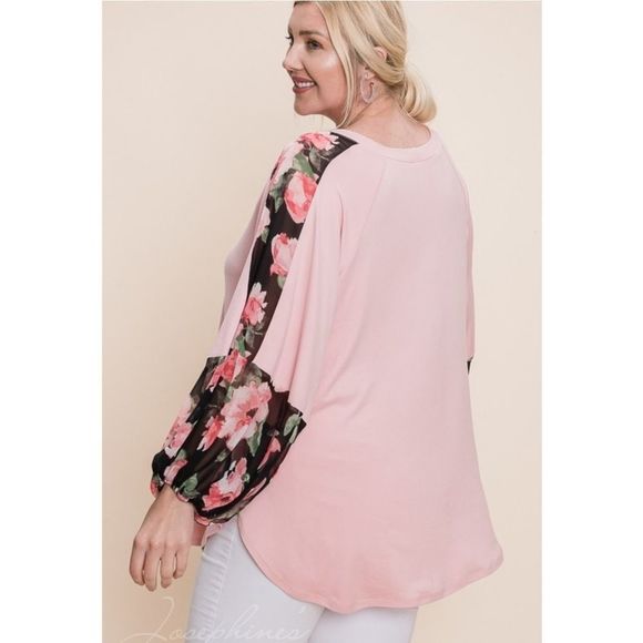 Pink Plus Size Top With Floral Sleeves - Picture 4 of 5